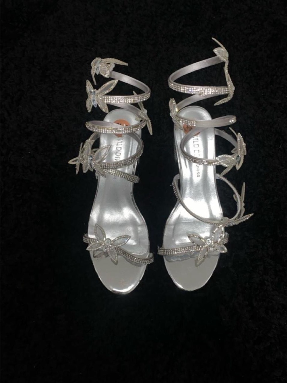 Silver butterfly rhinestone block heels